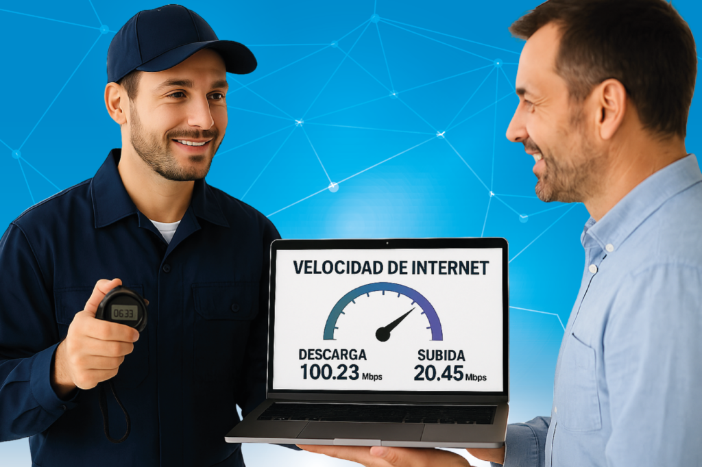 Optimización de rendimiento en trabajador sosteniendo un cronómetro y mostrando al cliente el resultado de una prueba de velocidad en la pantalla.