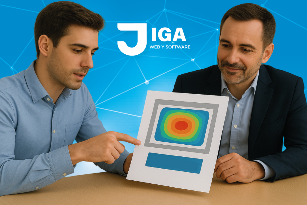 Usuarios y primer plano del trabajador frente a laptop con la landing; el cliente aparece al lado asintiendo; logo Jiga visible.