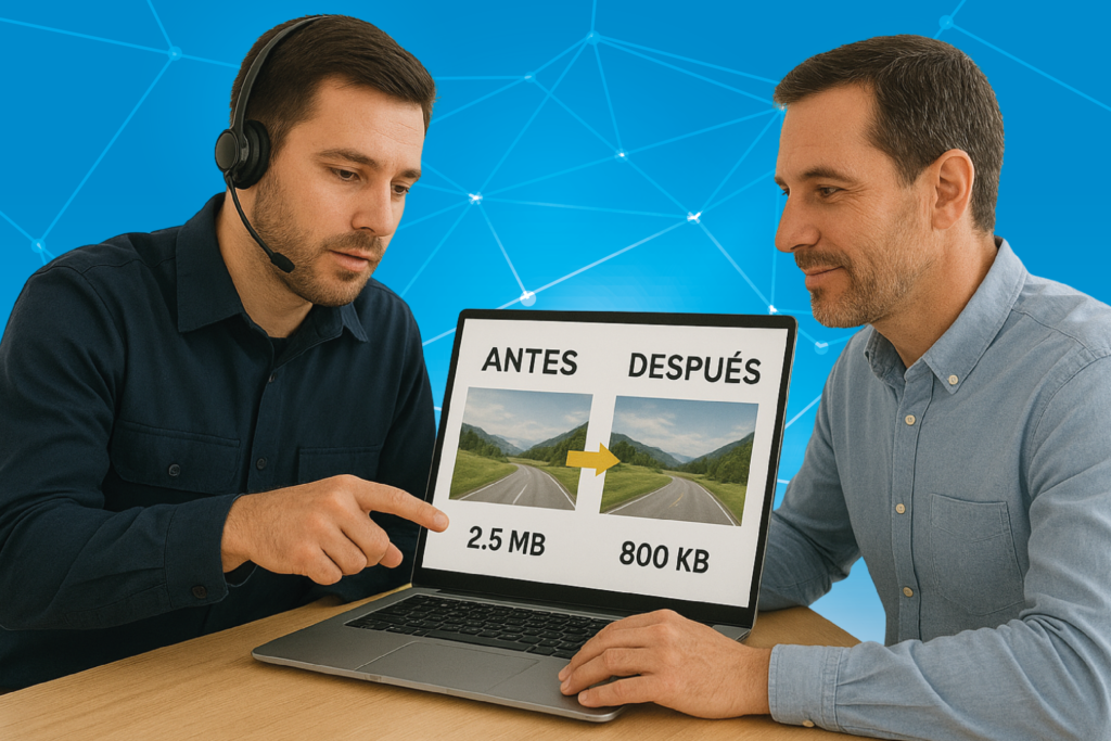Optimización de rendimiento y trabajador de Jiga con auriculares mirando la pantalla y señalando al cliente una gráfica waterfall (explicándole el cuello de botella).